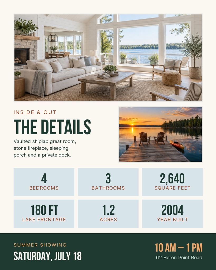Portrait real estate listing template showing a lakefront home interior, dock sunset photo, and property details.