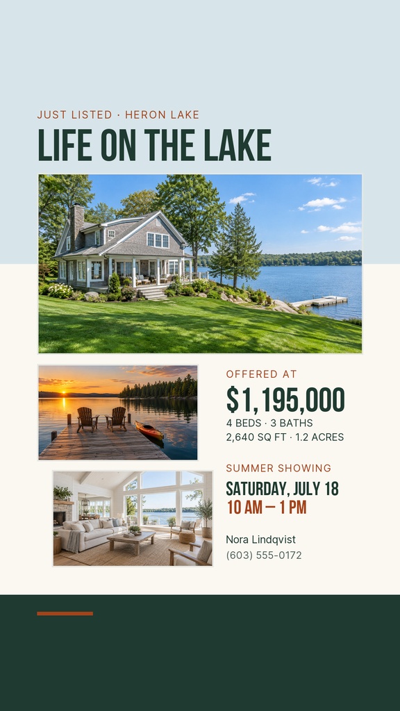 Real estate Instagram story featuring a lake house, waterfront sunset photo, interior room, and listing details.