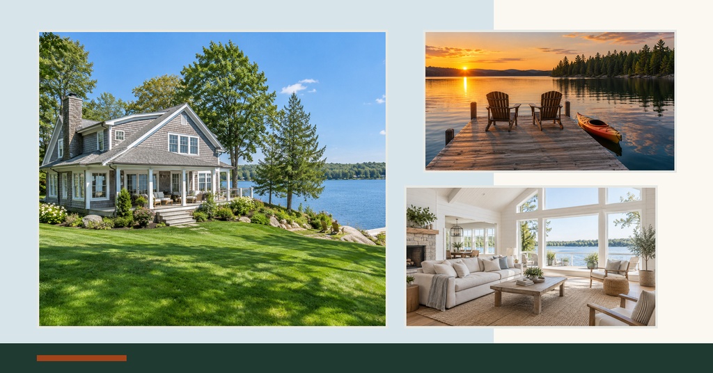 Real estate Facebook cover template with lake house, sunset dock view, and bright living room scenes.