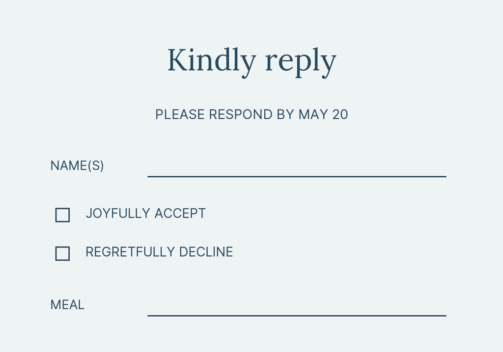 Minimal blue RSVP card with reply instructions, name line, accept and decline checkboxes, and meal line.