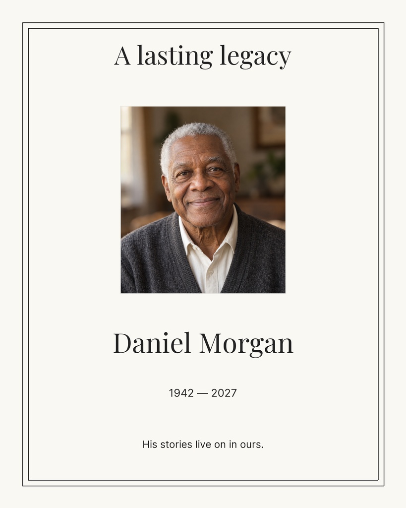 Elegant memorial page with portrait, name, dates, and a remembrance message.