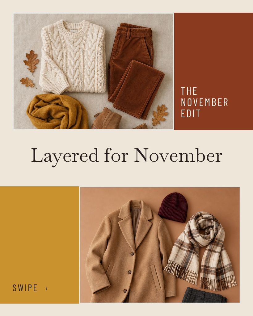 Fall fashion collage with sweater, coat, scarf, pants, and November text blocks