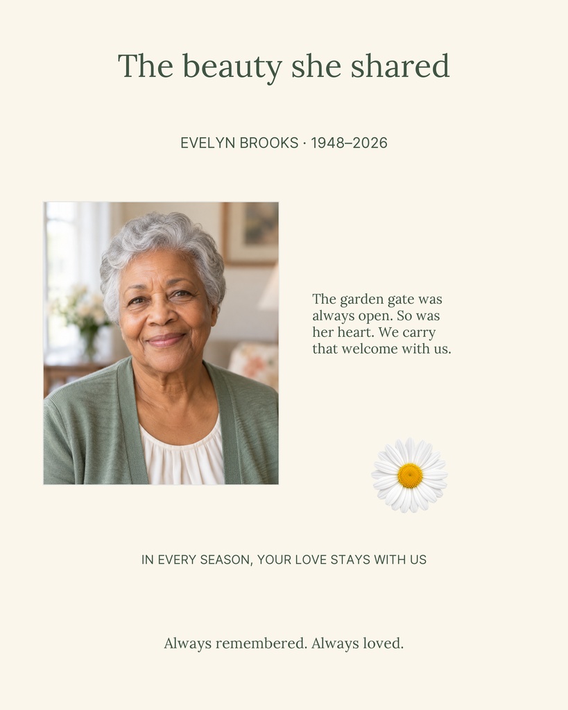 Memorial memory page with a portrait, floral accent, and tribute text on a soft cream background.