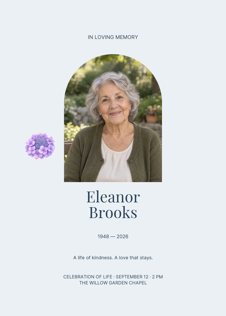 Blue remembrance card with an elderly woman’s portrait, memorial text, and purple flowers