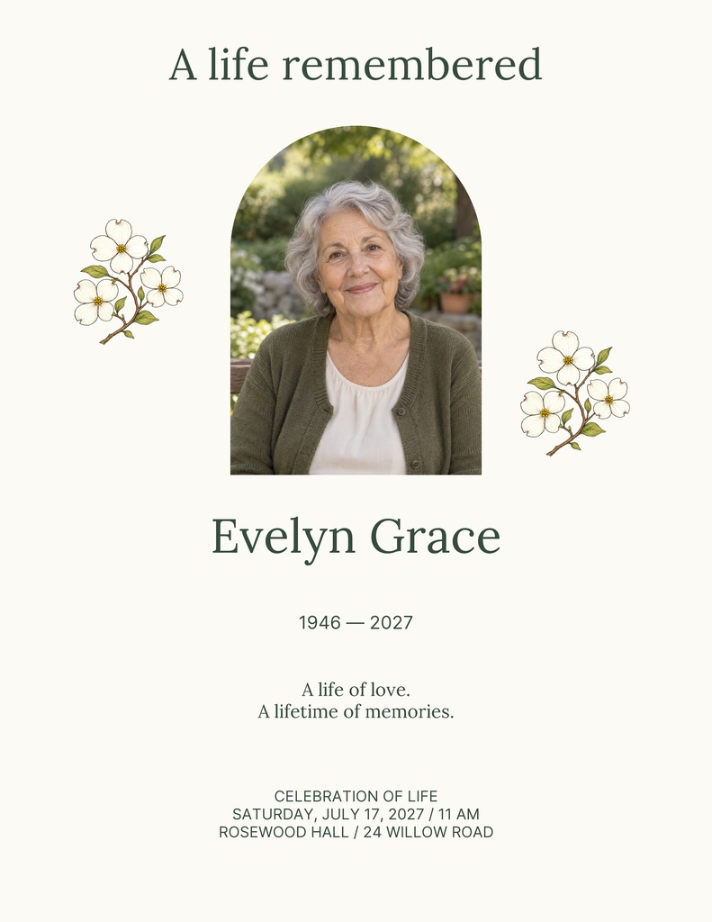 Cream memorial flyer with portrait photo, floral accents, and celebration of life text.