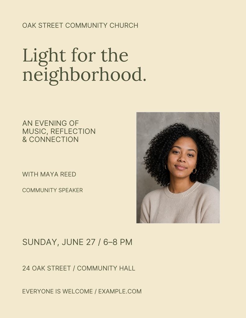 Portrait church flyer with a speaker photo, event details, and minimalist beige layout