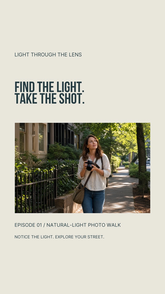 A reel cover template with a woman holding a camera on a tree-lined sidewalk.