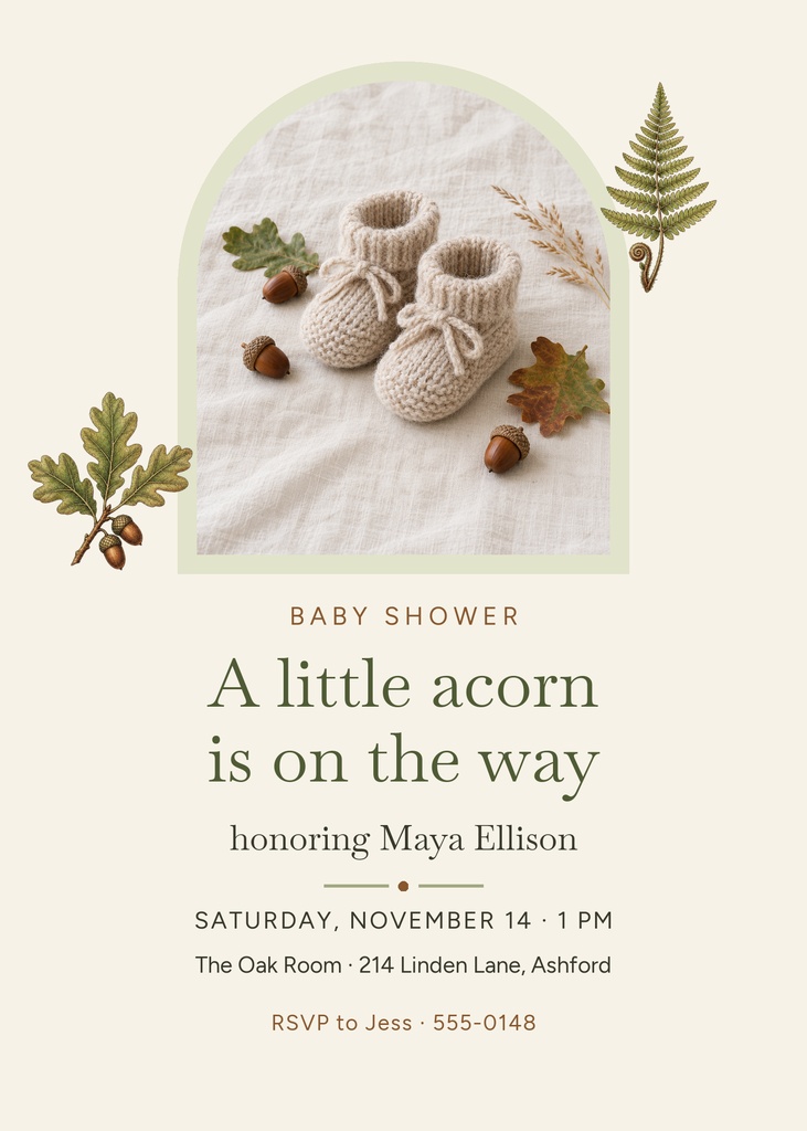 Portrait baby shower invitation with acorn illustration, baby booties, and woodland leaves