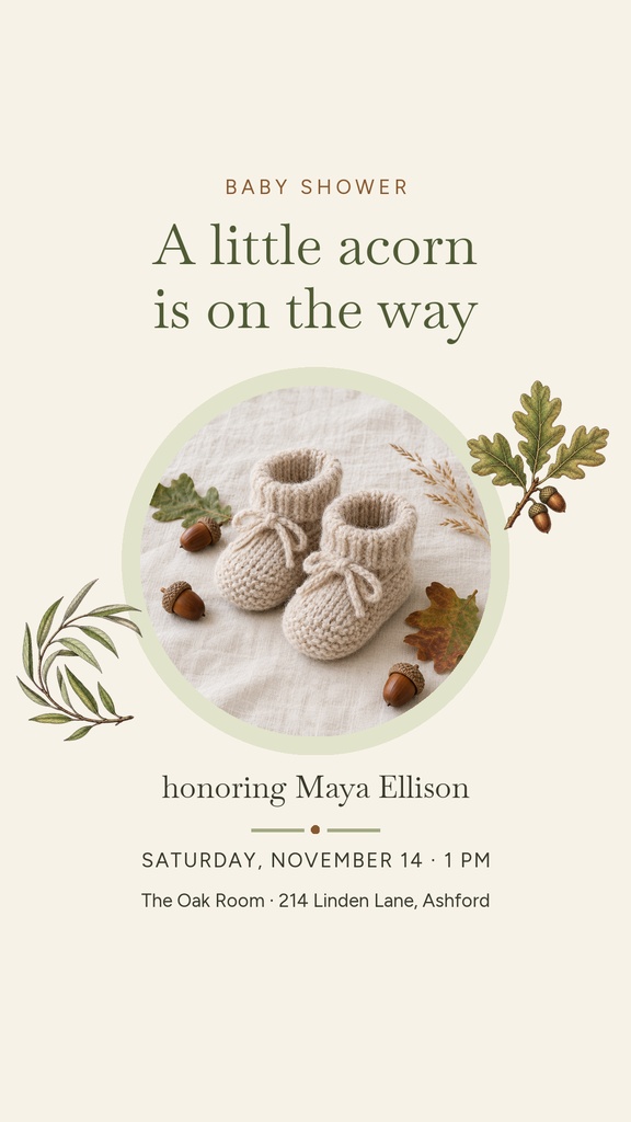 Portrait baby shower story template with acorn decorations, baby booties, and neutral woodland styling.