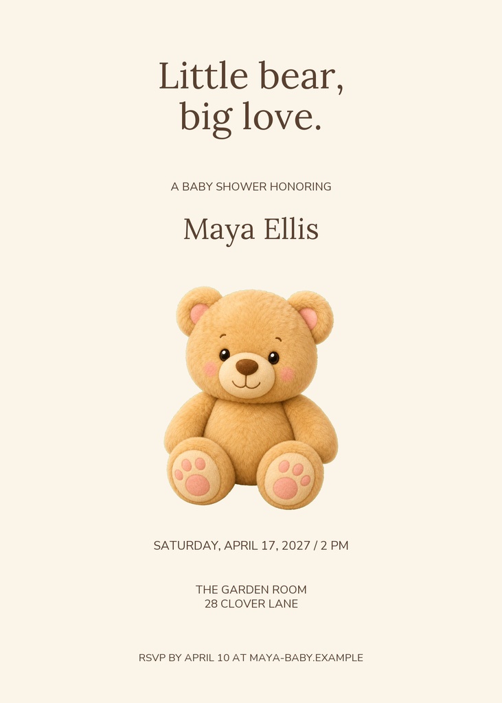 Portrait baby shower invitation with a teddy bear illustration on a cream background.