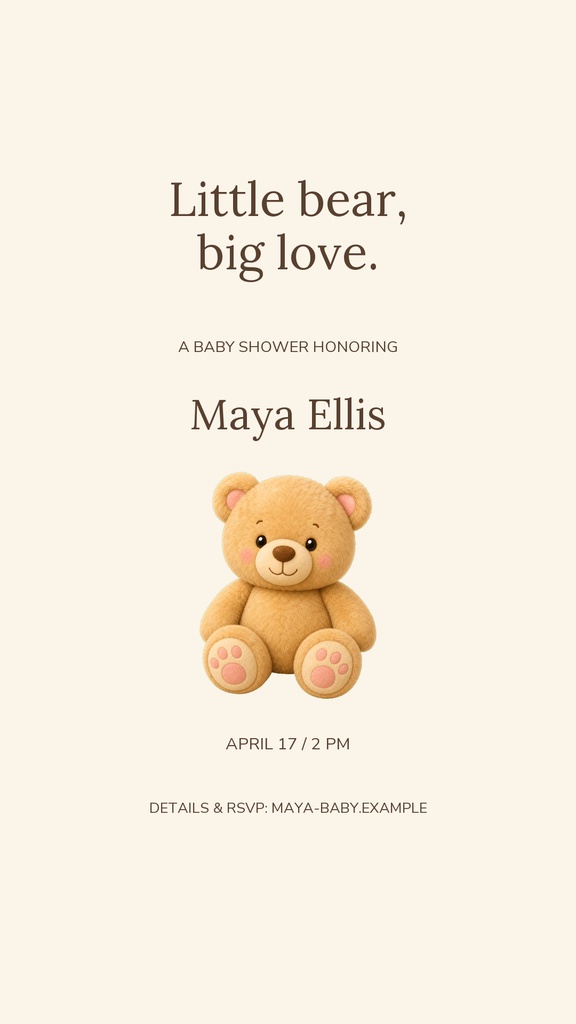 Neutral beige Instagram story with teddy bear illustration and baby shower invitation text.