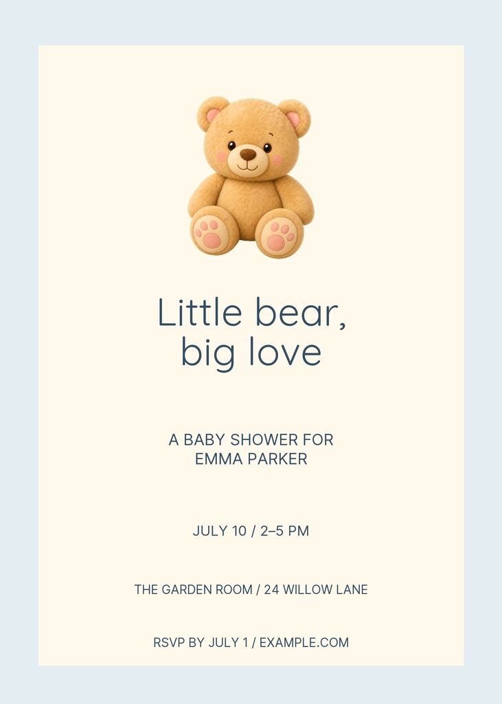 Teddy bear baby shower invitation on a soft cream background with blue text