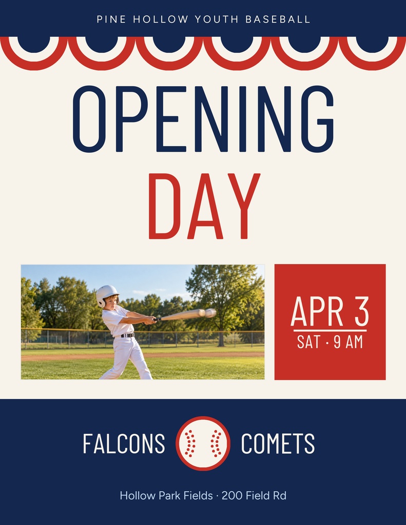 Portrait baseball flyer with opening day title, player photo, date box, and team names.