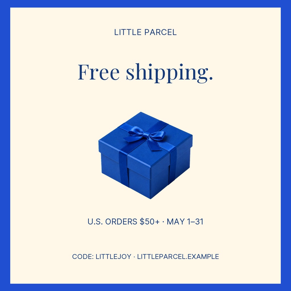 Square post with a blue gift box and the words Free shipping.