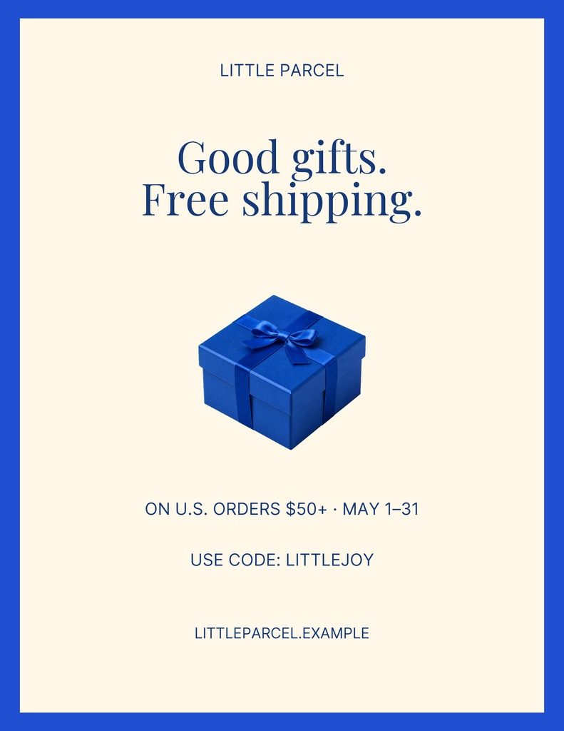 Portrait flyer with a blue gift box on a cream background and shipping offer text