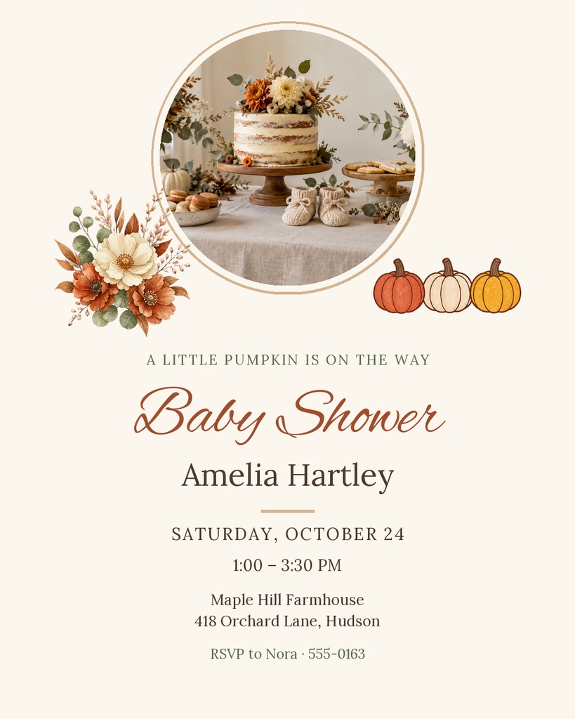 Portrait baby shower invitation with pumpkins, florals, and a circular dessert table photo.