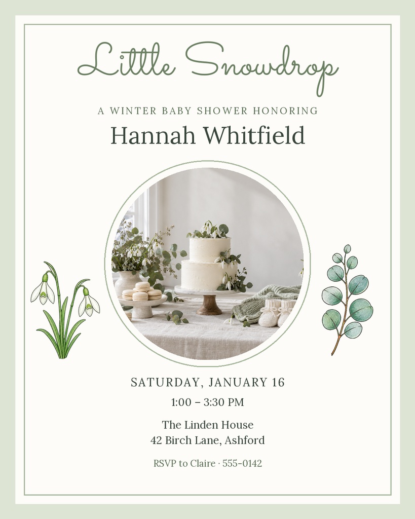 Portrait invitation with snowdrop and eucalyptus illustrations, centered baby shower details, and circular dessert table photo