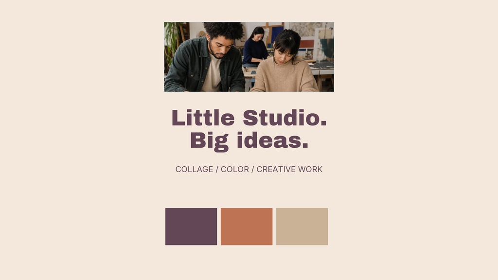 YouTube banner template with a studio photo collage, bold title, and muted color blocks.