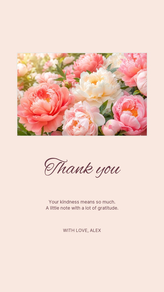 Portrait thank you card with pink floral photo and soft script text on a pale background