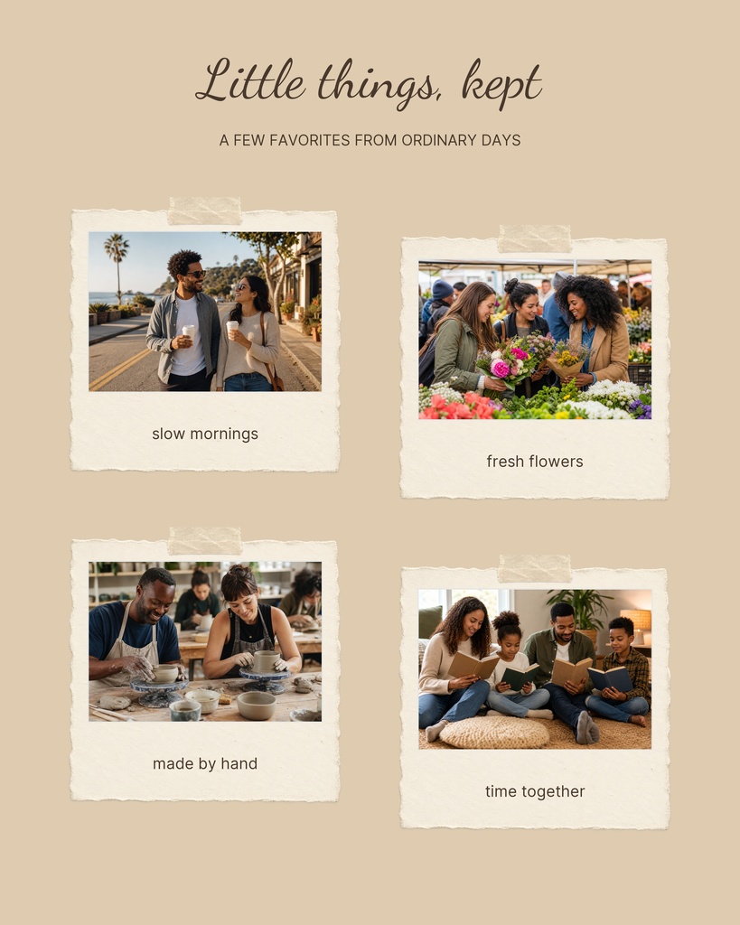 Scrapbook-style photo page with four taped photo frames and handwritten captions on a beige background