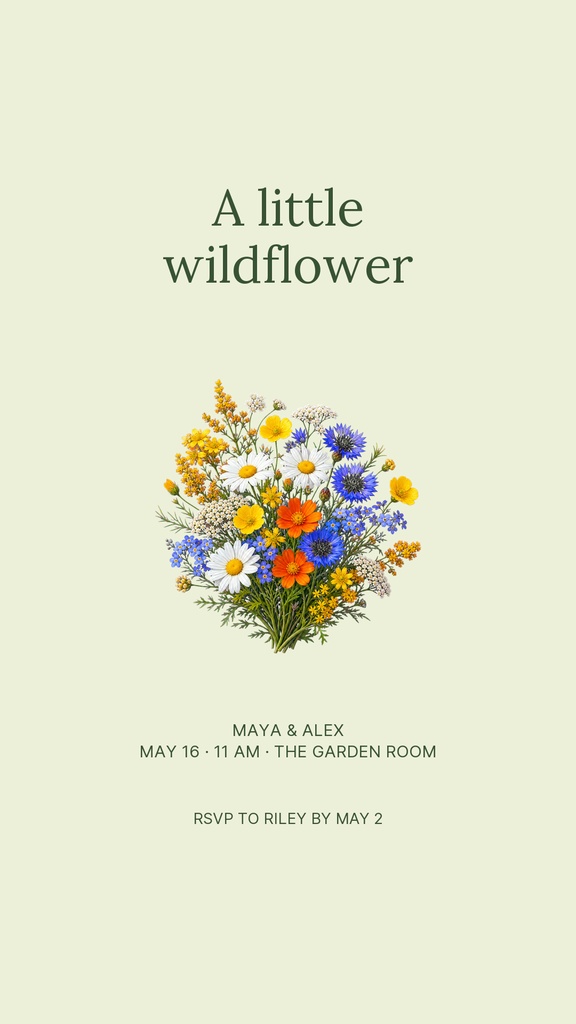 Portrait story layout with a wildflower bouquet and baby shower text on a pale background.