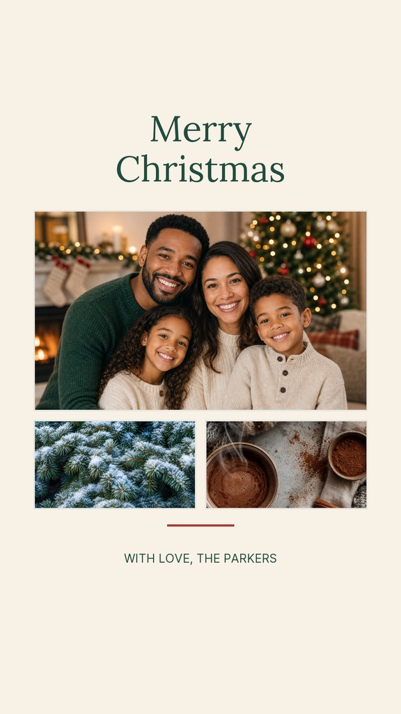 Portrait holiday story template with a family photo, snowy trees, and hot drinks on a cream background.