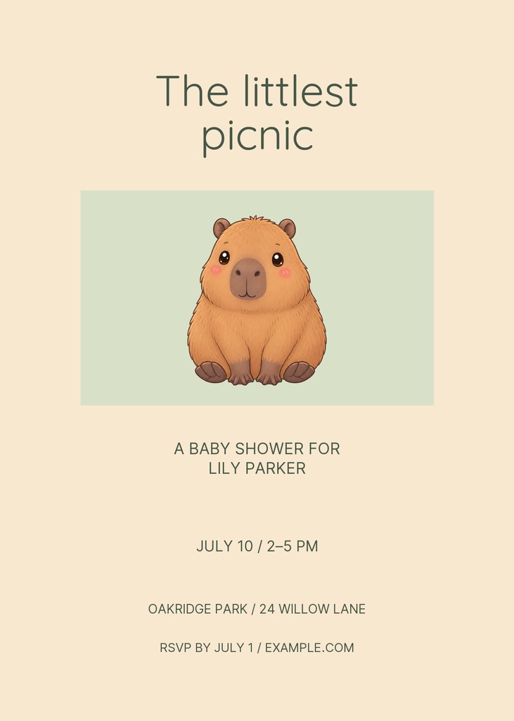 Pastel baby shower invitation with a capybara illustration and picnic-themed title.