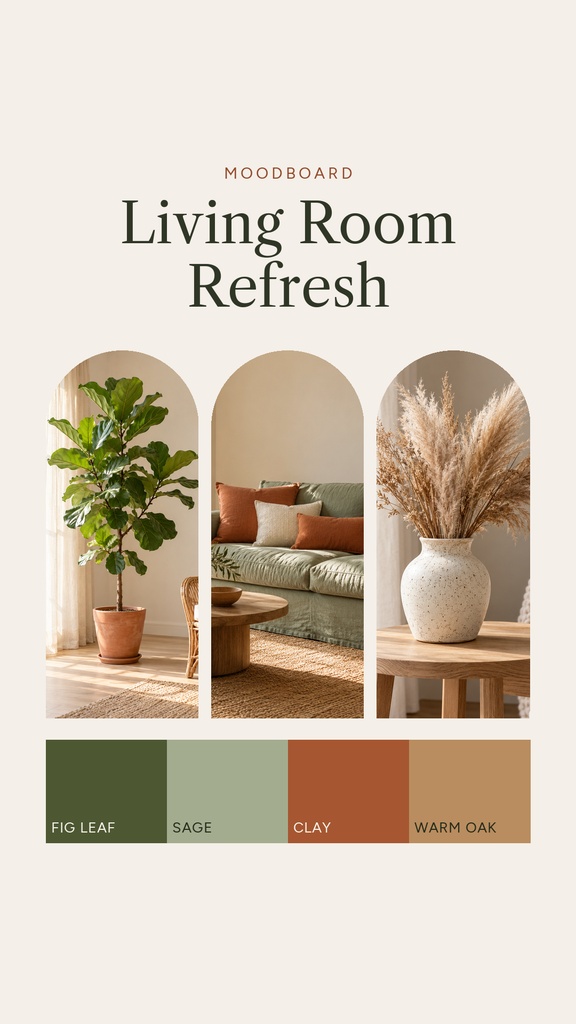 Moodboard poster with living room inspiration photos and a four-color palette.