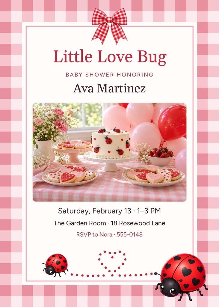 Pink gingham baby shower invitation with ladybug graphics, heart border, and party details