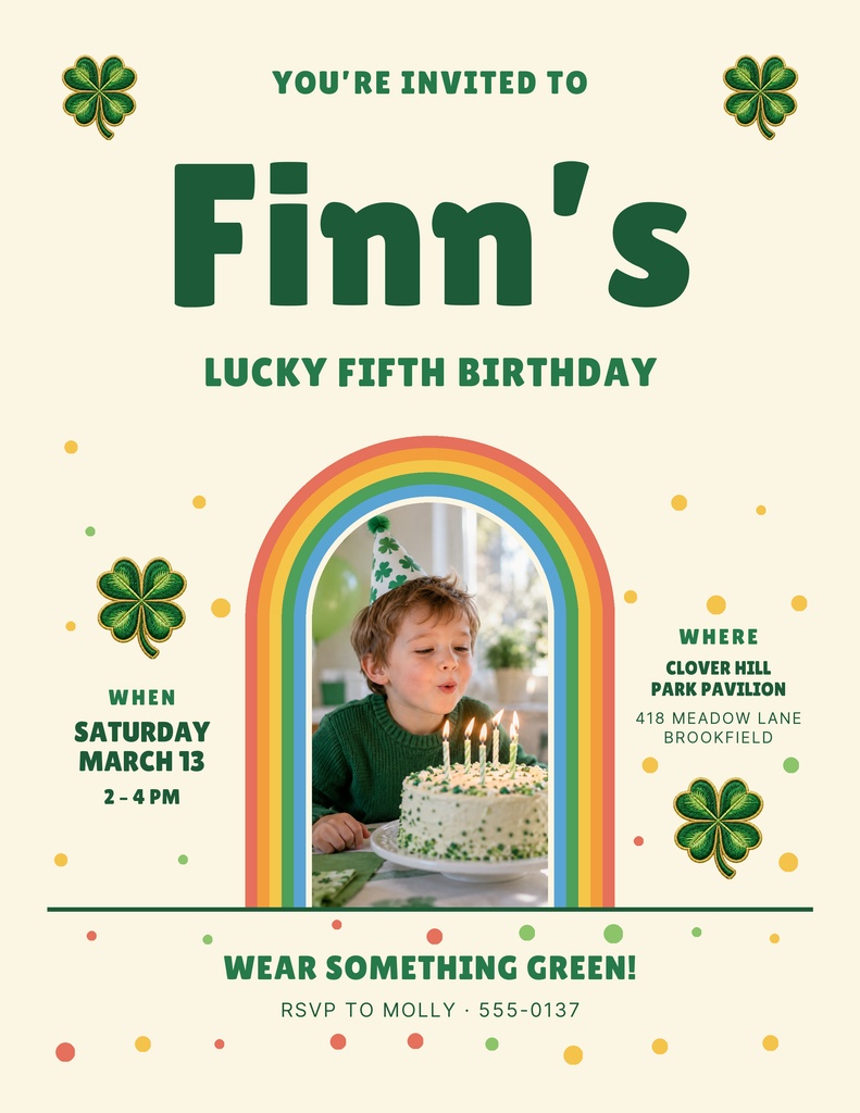 Portrait birthday flyer with rainbow arch, shamrock decorations, and a child beside a cake.