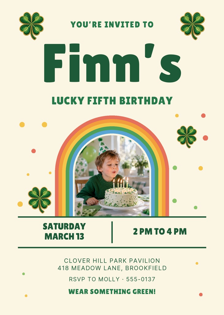 Green lucky fifth birthday invitation with rainbow arch, clovers, and a child photo in the center