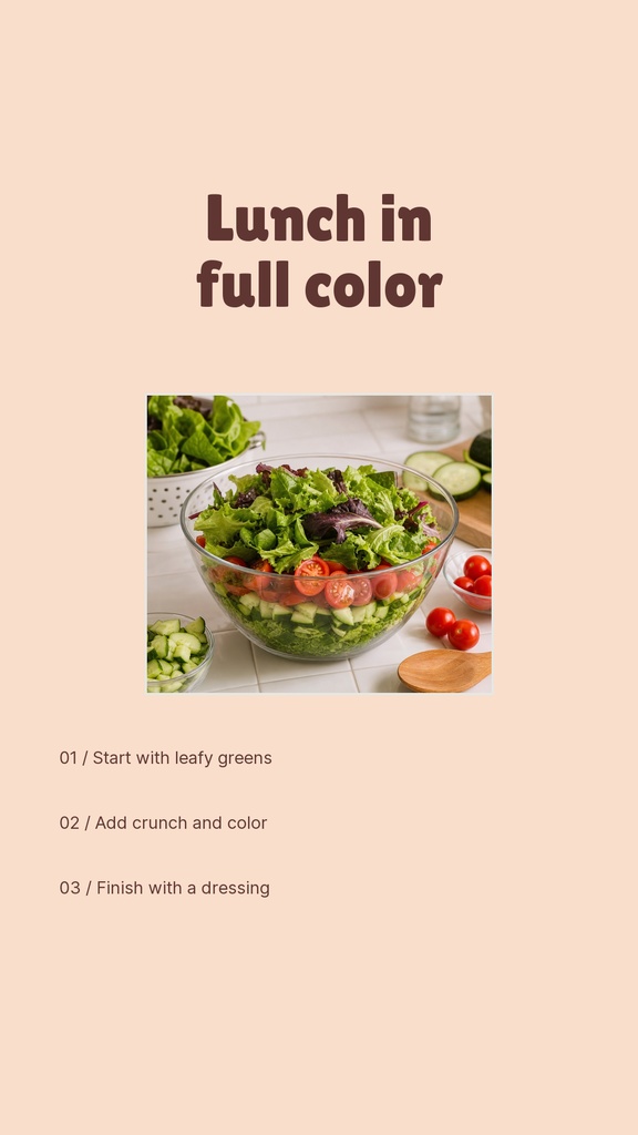 Portrait story template with the headline Lunch in full color above a salad bowl photo and three short steps.