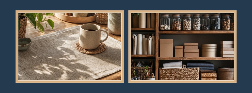 Two-panel cover design with a cozy tabletop and organized shelves of jars and boxes