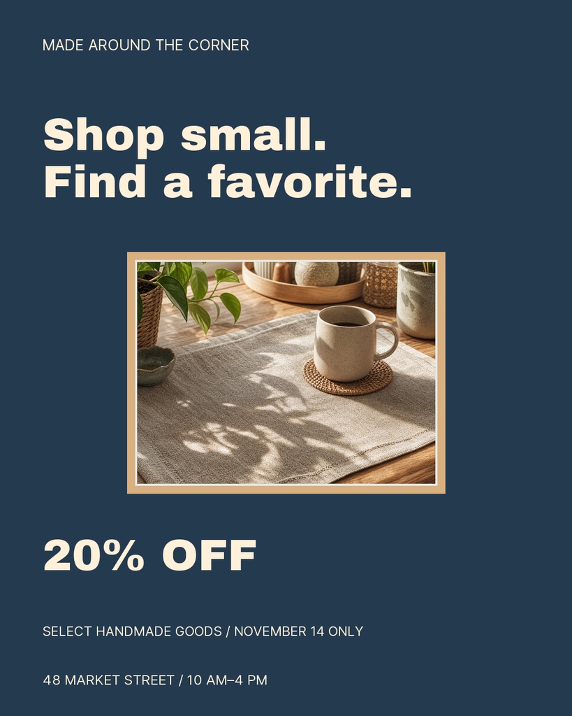 Portrait social post with navy background, beige sale text, and a framed handmade goods photo.