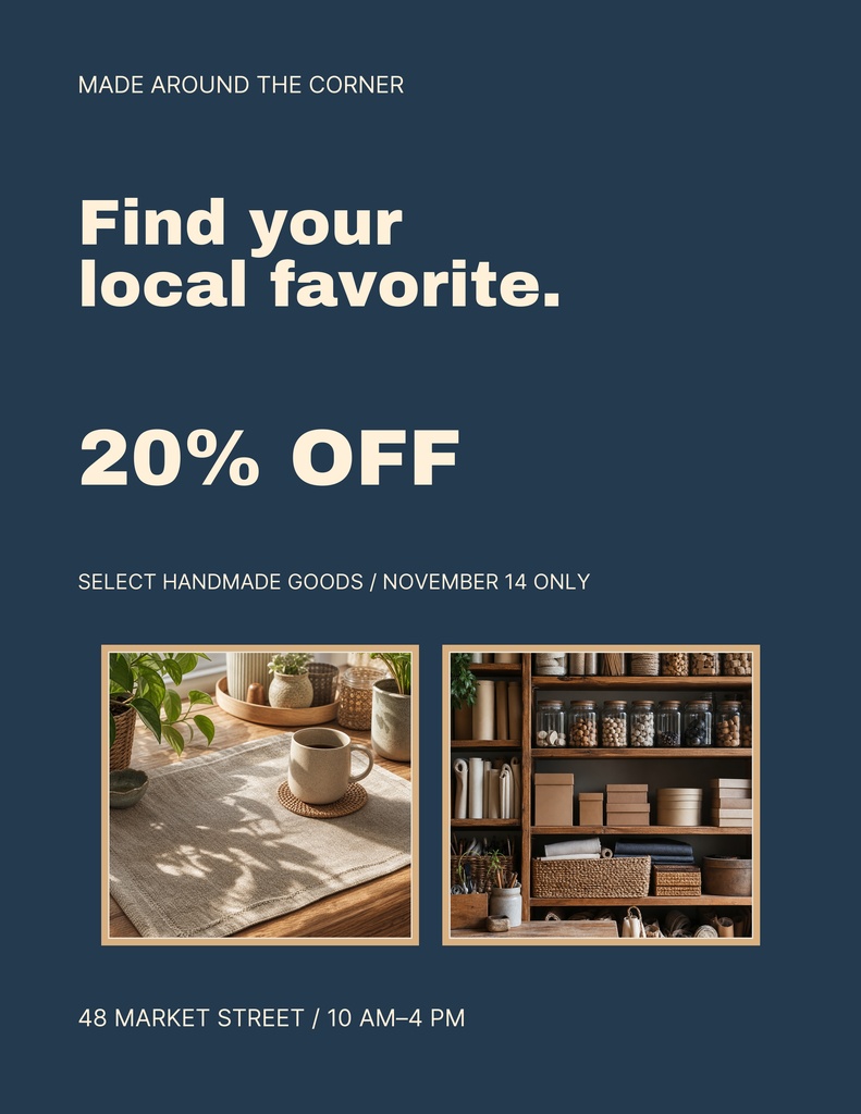Portrait flyer with navy background, large sale text, and two product photos of handmade goods and shelving.
