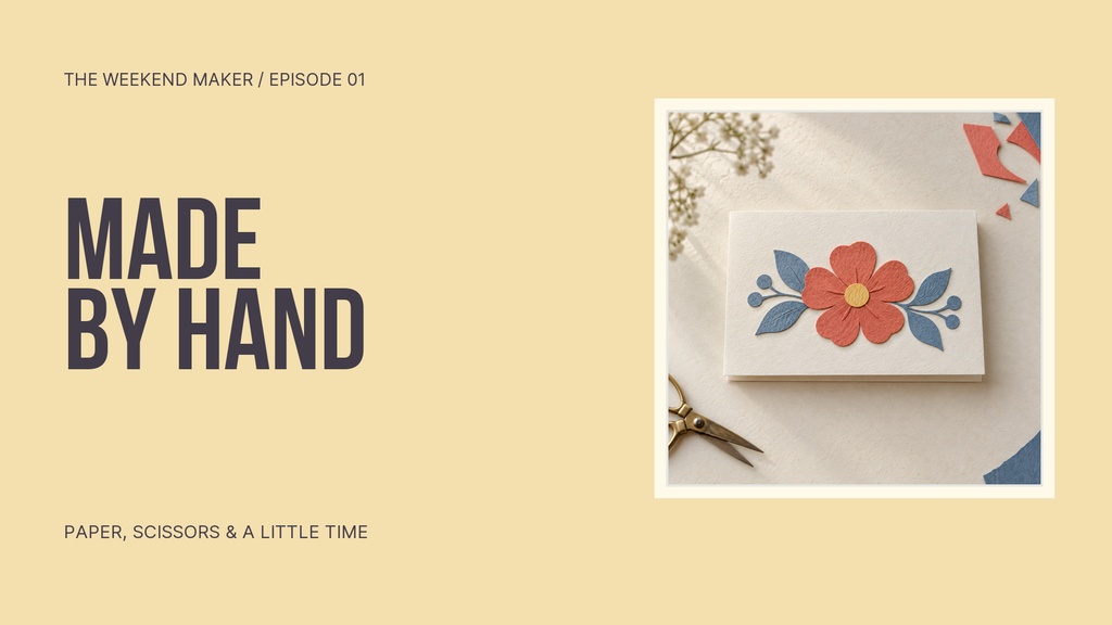 Landscape title card with bold Made by Hand text and a paper craft card photo