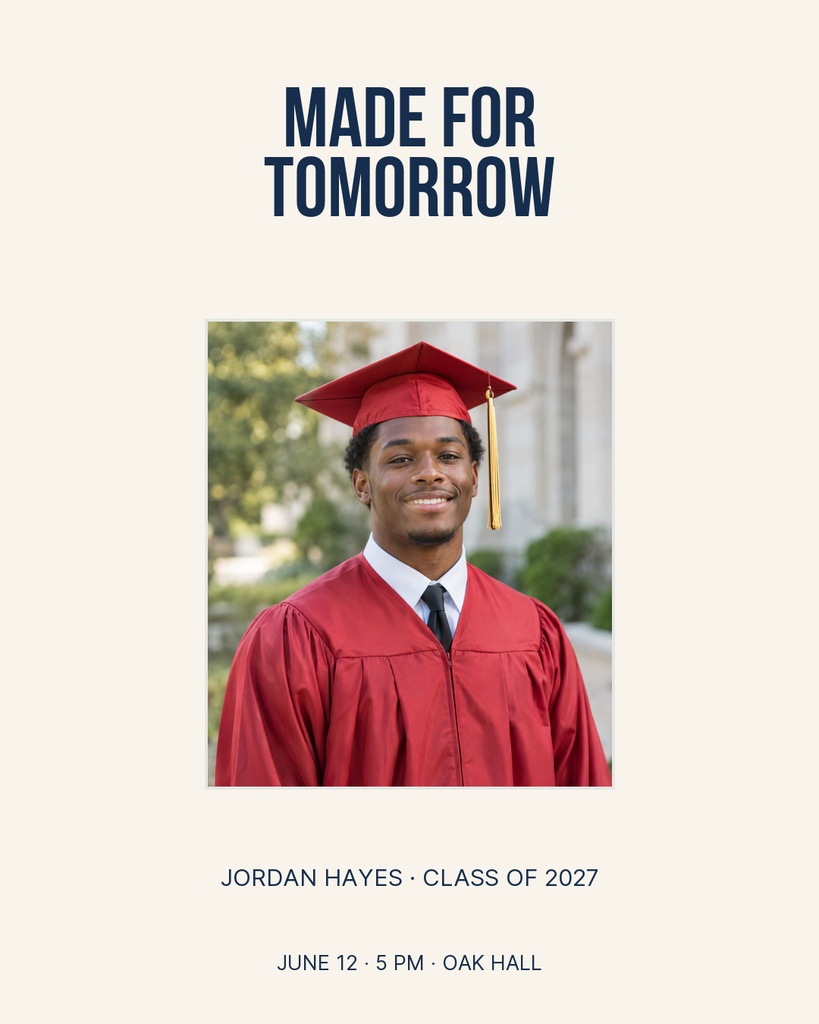 Graduation portrait post with a graduate in a red cap and gown and the words Made for Tomorrow.