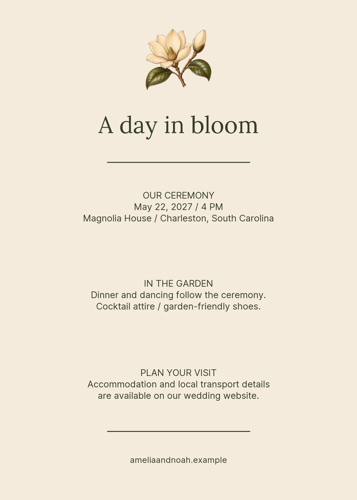 Portrait wedding details card with magnolia flower illustration and centered event text on cream background.