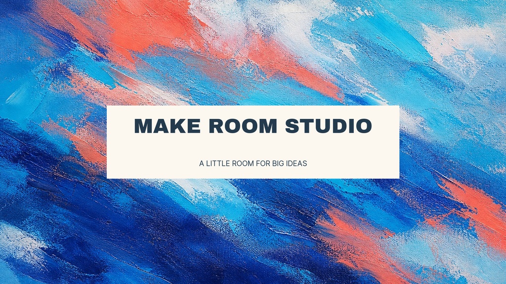 Colorful paint-stroke background with a centered cream banner reading Make Room Studio.