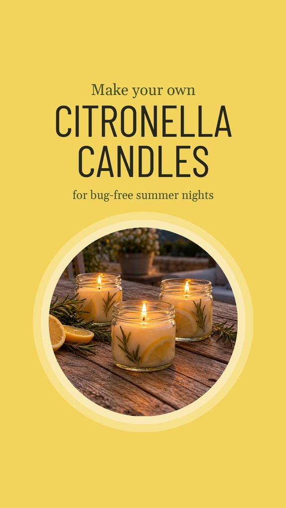 Yellow Instagram story template with the text Make your own citronella candles and a photo of lit candles in jars.