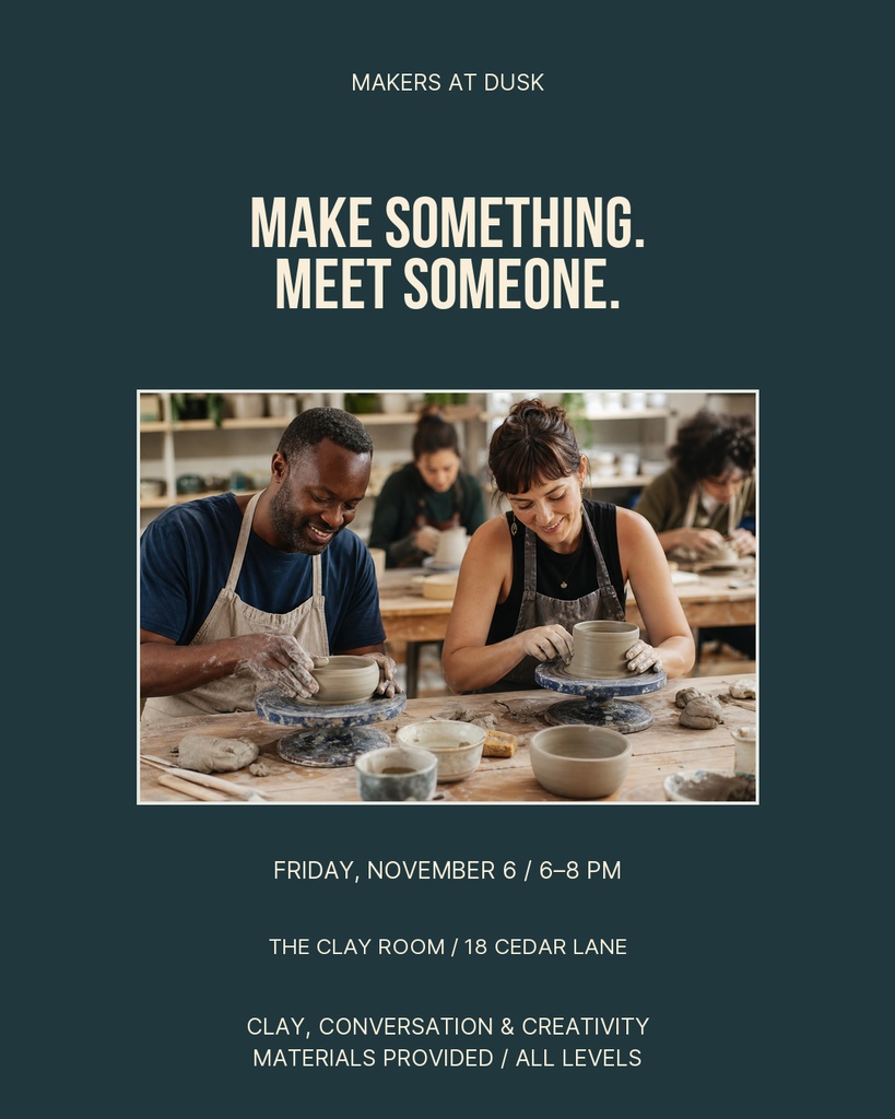 Portrait post with pottery workshop title, two people shaping clay, and event details on a dark background.