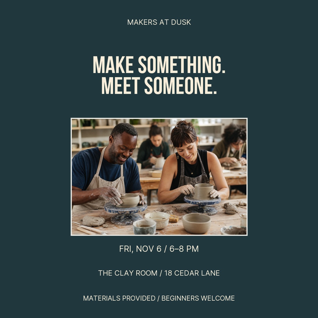 Two people shaping pottery at a workshop table with event text on a dark background.