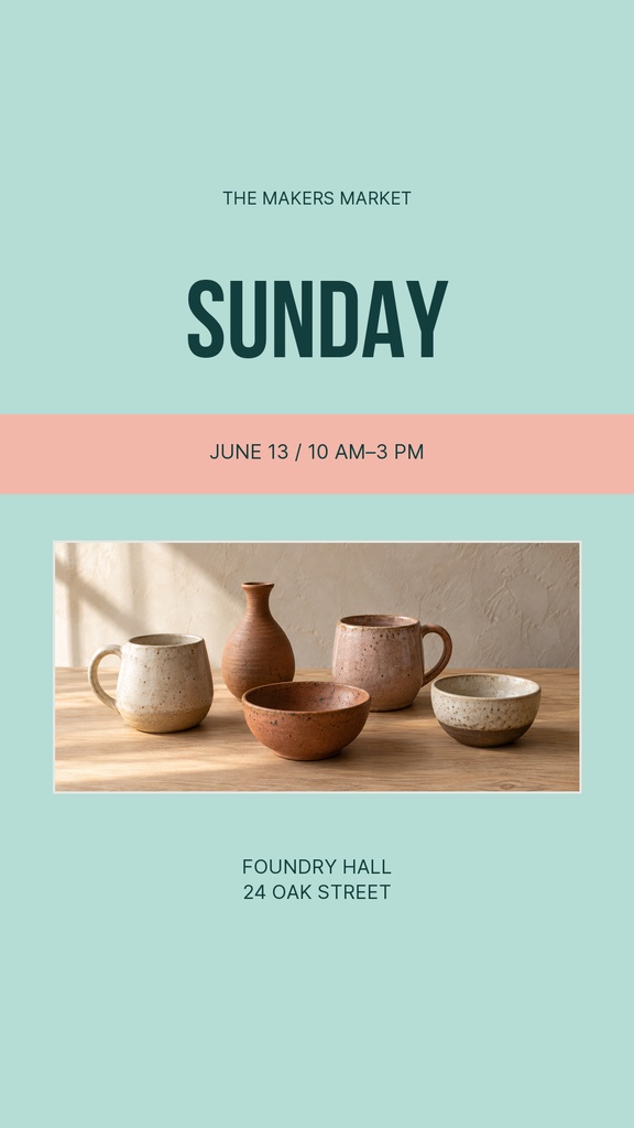 Vertical story template with makers market text, date, pottery photo, and venue details on a mint background.