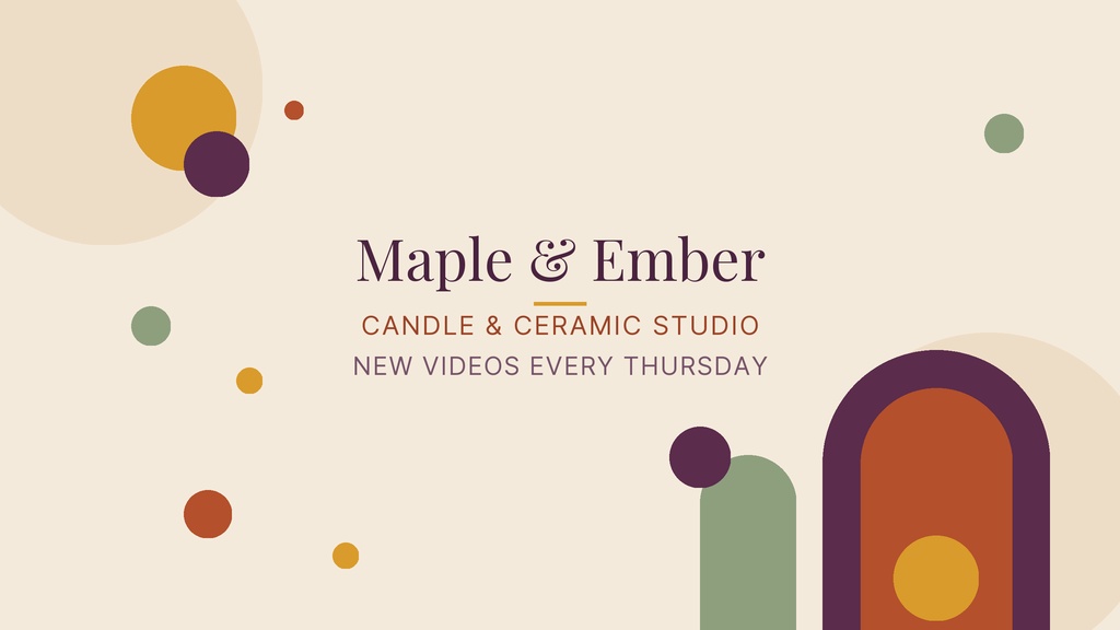Autumn-themed YouTube banner with abstract shapes and Maple and Ember Studio text on a light background.