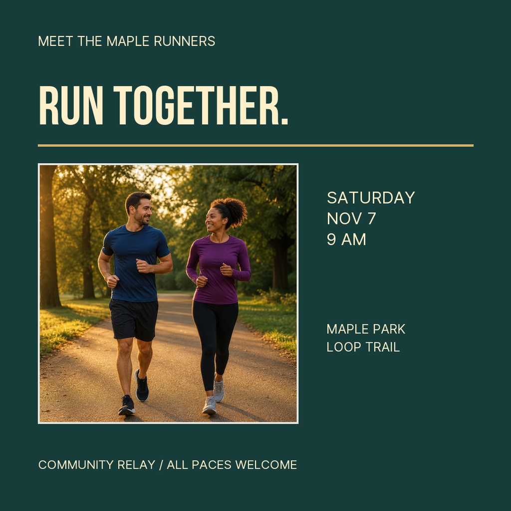 Square poster with two runners jogging in a park and event details for Meet the Maple Runners.