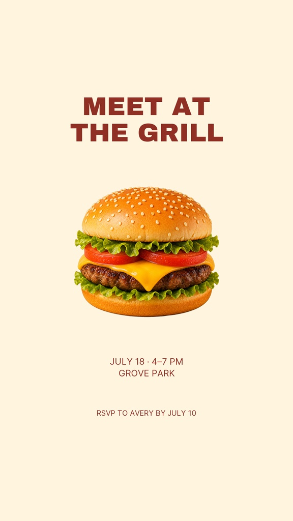 Portrait Instagram story design with the text Meet at the Grill above a hamburger on a cream background.