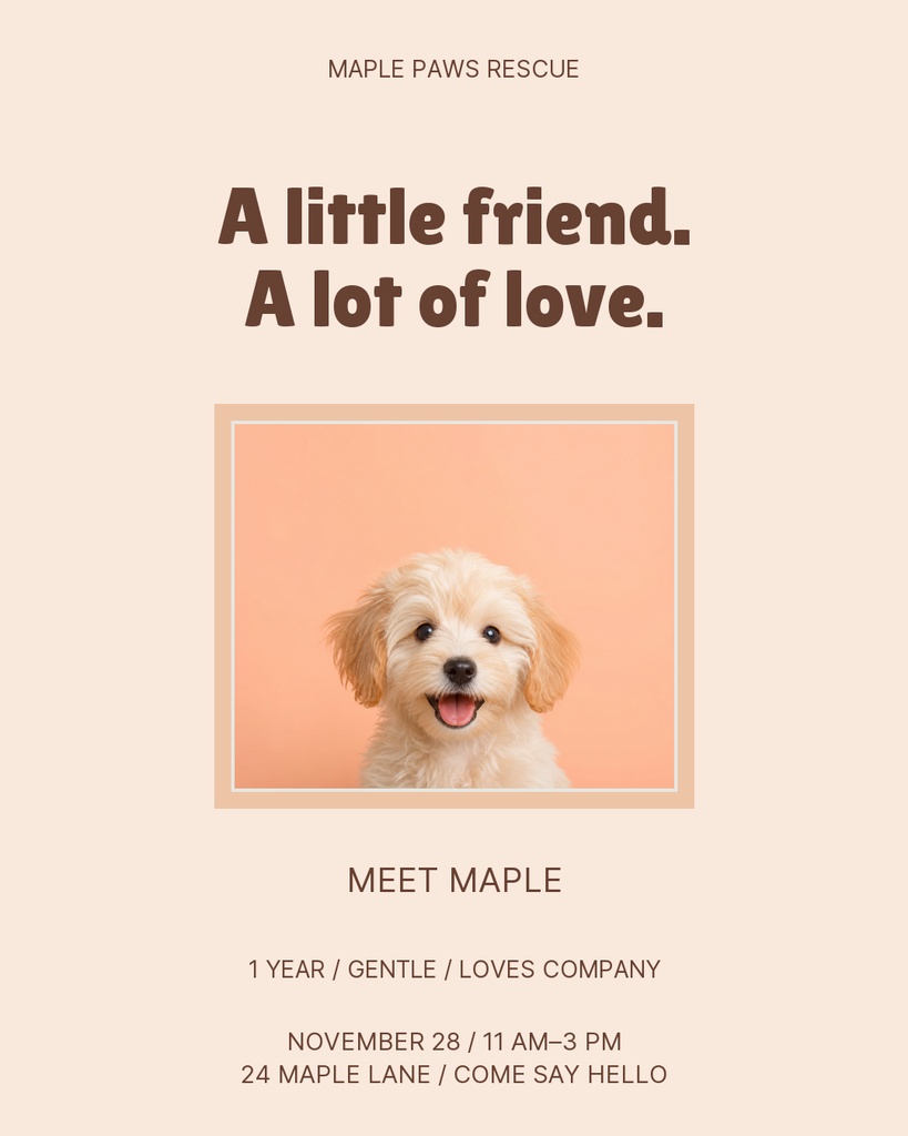 Portrait template with a puppy photo and pet adoption text on a warm beige background