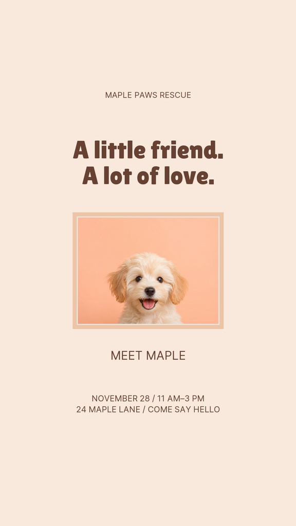 Portrait template with a small fluffy dog photo, the title Meet Maple, and adoption event details.