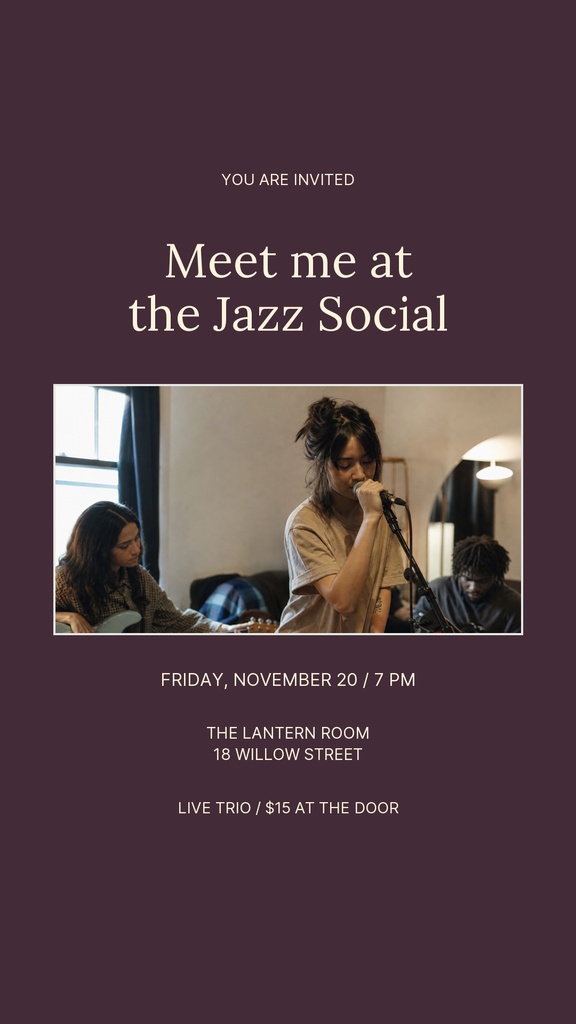 Portrait invitation design with a jazz social title over a dark background and live performance photo.