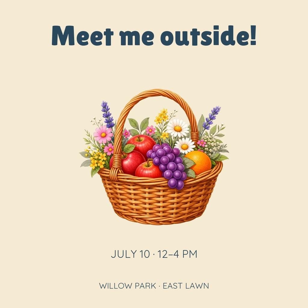 Square post with a picnic basket of fruit and flowers and event details.